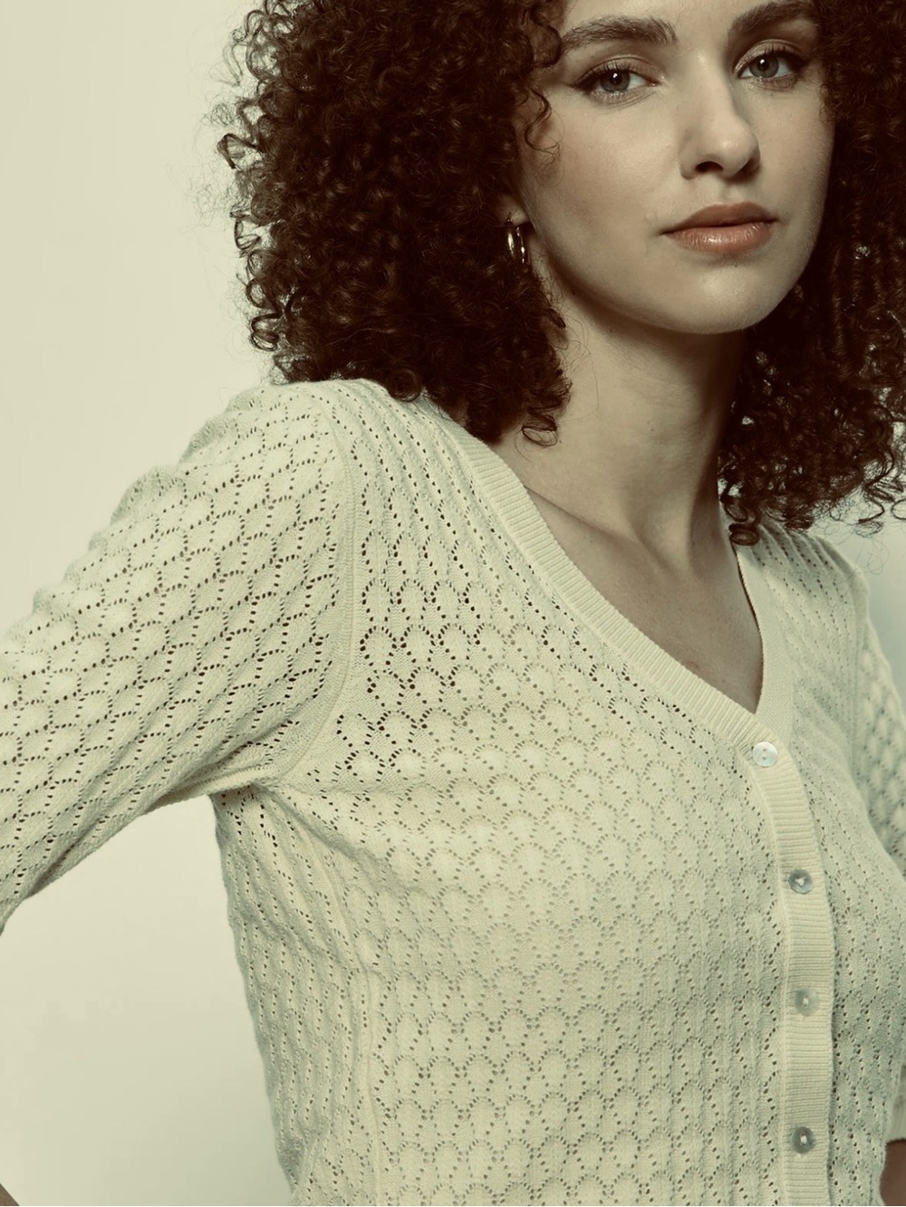 CRYSTAL KOBE Open-work Crochet Knit Cardigan Sweater, sage